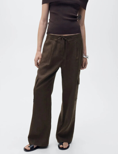 Mango Linen Cargo Trousers - Brown - 38