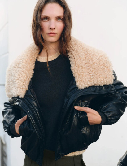 Mango Faux-Leather Jacket With Shearling Collar - Black - L