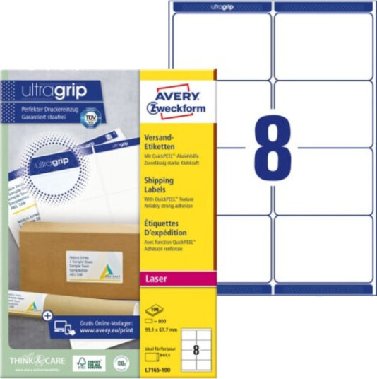 Avery-adresseetiketter med QuickPEEL™ og Ultragrip 99,1 x 67,7 mm 800-etiketter hvit SAV-L7165-100