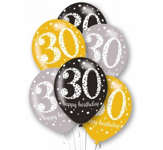 Crosswear 30 år Happy Birthday 6 stk Svarte Sølv og Gullfarget Ballonger 27 cm 404951