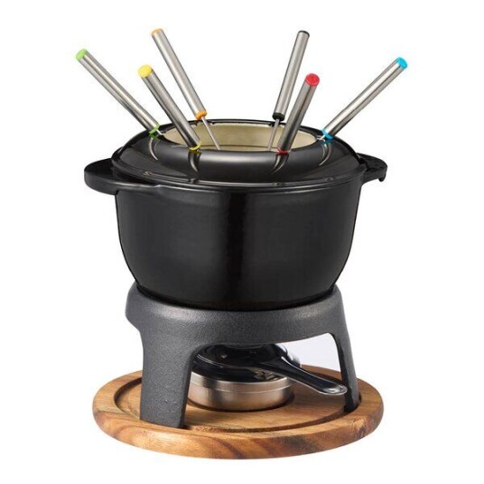 Dorre   Foni fondue støpejern med treplate 18x18 cm 1,8L svart