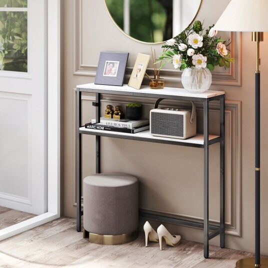 Konsollbord 20×80×80 cm / smalt sidebord med marmorutseende og metallramme