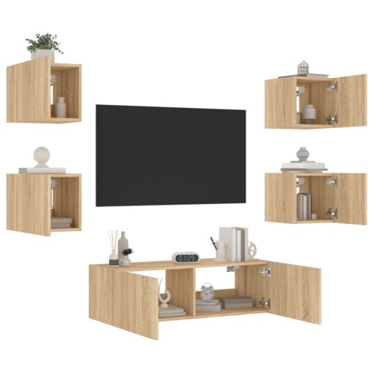 vidaXL Vegghengte TV-benker med LED 5 stk sonoma eik 8721012472778 vidaXL Vegghengte TV-benker med LED 5 stk sonoma eik 8721012472778