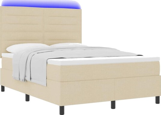 Boksfjær Seng med Madrass & LED Krem 140x190 cm Stoff