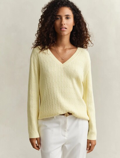 GANT Cable Knit V Neck Yellow XL