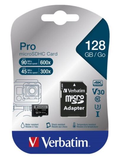 Verbatim Pro - Flashminnekort (Microsdxc Til Sd-Adapter Inkludert) - 128 Gb - Video Class V30 / Uhs-I U3 / Class10 - 300X/600X - Microsdxc Uhs-I
