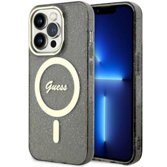 Guess iPhone 14 Pro 6.1" Hardcase Glitter Gold Svart Magsafe