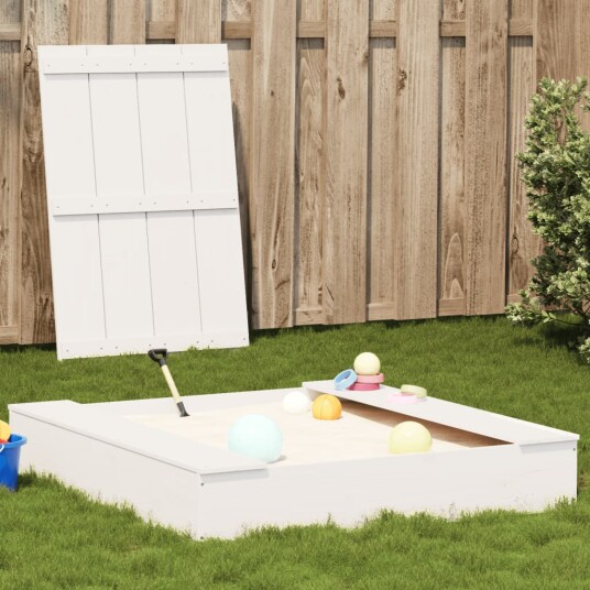 Vidaxl Sandkasse med lokk hvit 111x111x19,5 cm heltre furu