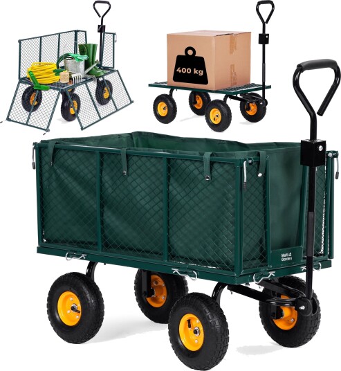 Hage transportvogn 400 kg til sitteklipper med åpne sider store oppblåsbare hjul og håndtak MultiGarden