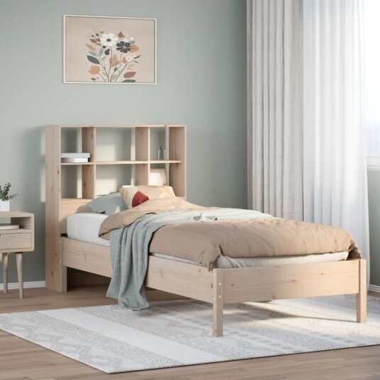 Seng med bokhylle uten madrass 90x200 cm heltre furu