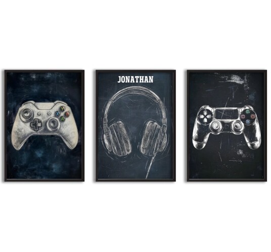 Namly Design Personalisert Plakat Spillkontroller & Hodetelefoner Sett med 3 POSTEROSNWET
