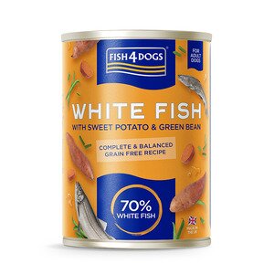 Fish4Dogs Våtfôr til hund med hvit fisk, søtpotet og grønn bønne 395g
