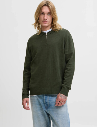 Jack & Jones Jjeemil Knit Polo Half Zip Ls Noos - Khaki green - XL