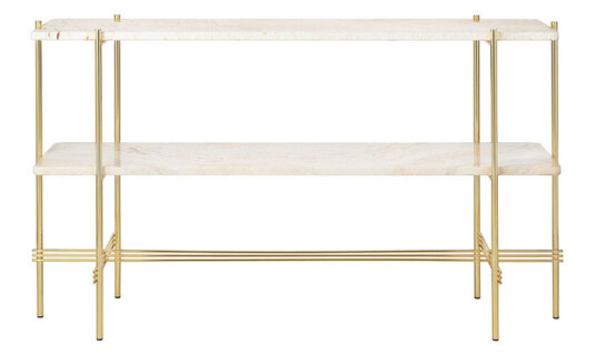 Gubi TS Console 2 konsollbord natural white travertine, messingstativ, 2 marmorhyller