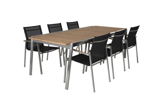 Brafab Naos spisegruppe 6 lenestoler & spisebord 320-220x100 cm Rostfritt/svart med teak