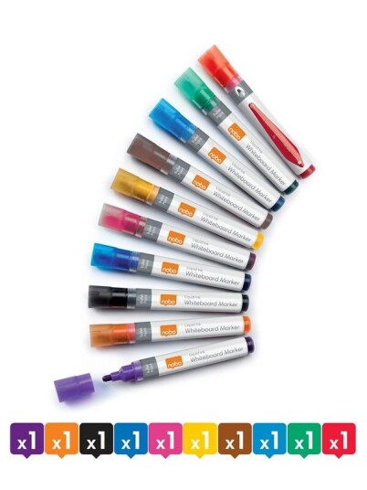 Nobo flytende blekk whiteboardpenner, rund tupp, pakke med 10 stk. Assortert Nobo flytende blekk whiteboardpenner, rund tupp, pakke med 10 stk. Assortert