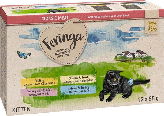 Feringa Classic Meat Meny Kitten Poser Mixpakke 2 Fjærkre Kalkun & Kanin Kylling & Ørret Laks & Kalkun 12 X 85 G