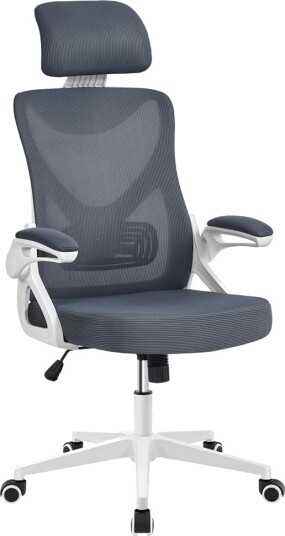 Ergonomisk kontorstol med nakkestøtte og korsryggstøtte / skrivebordsstol med oppfellbare armlener – Grå/hvit Ergonomisk kontorstol med nakkestøtte og korsryggstøtte / skrivebordsstol med oppfellbare armlener – Grå/hvit