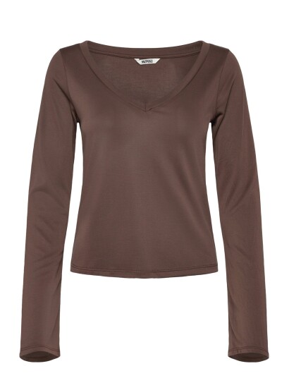 Monki Long Sleeved V Neck Top Brown M