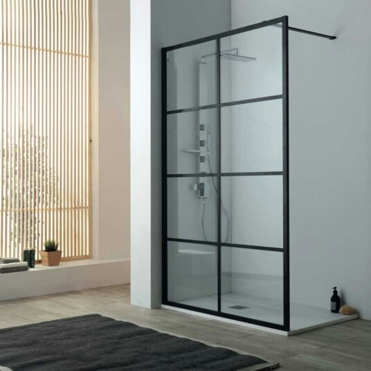 Lavabo Walk in dusjvegg 90x200 cm, med midtersprosse, klart glass, matt sort profil Lavabo Walk in dusjvegg 90x200 cm, med midtersprosse, klart glass, matt sort profil