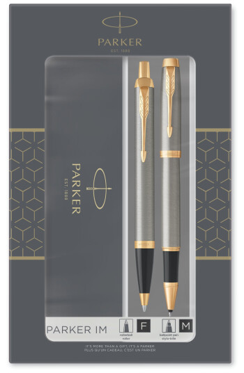 Parker IM Duo Gift Set with Ballpoint Pen & Rollerball Pen  Brushed Metal with Gull Trim  Svart Ink Refill & Cartridge  Gift Box