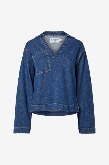 pieces Denimbluse pcSilke LS Denim V neck D2d F Blå