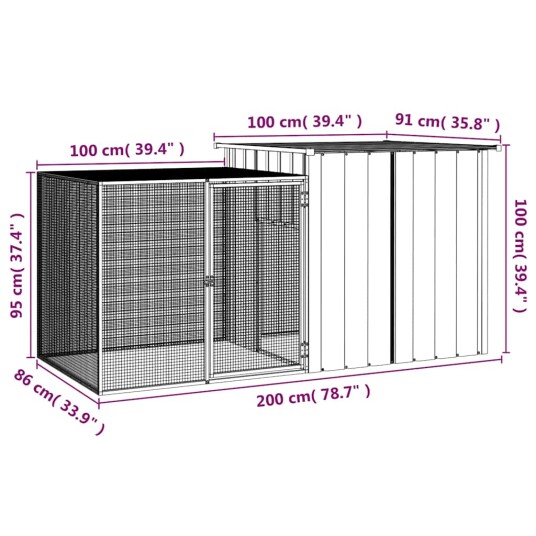 Vidaxl Kaninbur Grå 200X91X100 cm Galvanisert Stål Vidaxl Kaninbur Grå 200X91X100 cm Galvanisert Stål