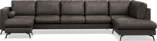 Ocean Lyx 6 seters Høyrevendt U formet Sofa med Divan og Sjeselong + Fotskammel i Kunstlær Mørk grå