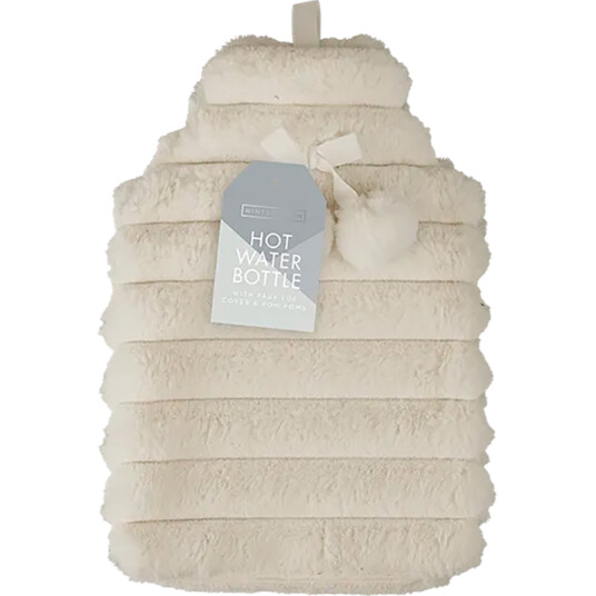Varmedunk med faux fur-trekk og søte pomponer  1,7 liter HVIT