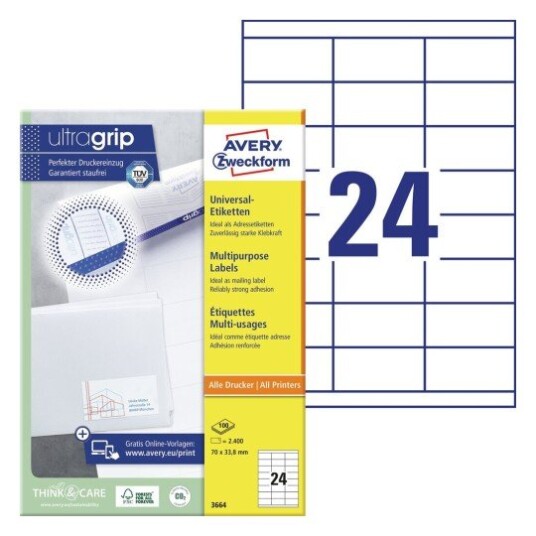 Avery Multipurpose etikett for generell bruk Ultragrip hvit 70 X 33,8 modell 3664 Avery Multipurpose etikett for generell bruk Ultragrip hvit 70 X 33,8 modell 3664