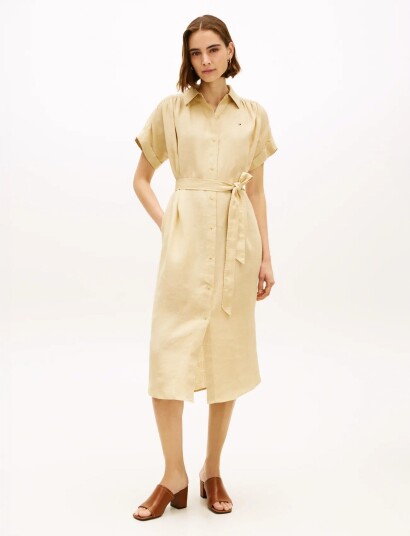 Tommy Hilfiger Linen Belted Knee Ss Shirt Dress Beige M Tommy Hilfiger Linen Belted Knee Ss Shirt Dress Beige M