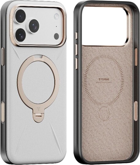 TORRAS iPhone 17 Pro Ostand Spin Kunstskinn Deksel m. Roterende Kickstand MagSafe Kompatibel Hvit