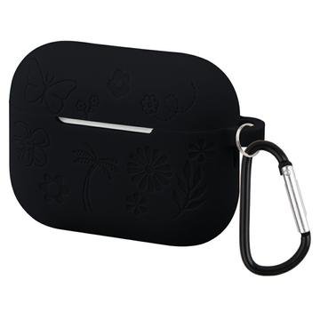 AirPods Pro 3 Etui i flytende silikon med karabinkrok og blomstermønster Svart