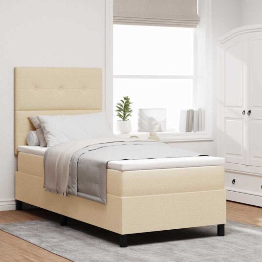 Bunnspring Seng med Madrass & LED Kremfarget 100 x 200 cm Stoff