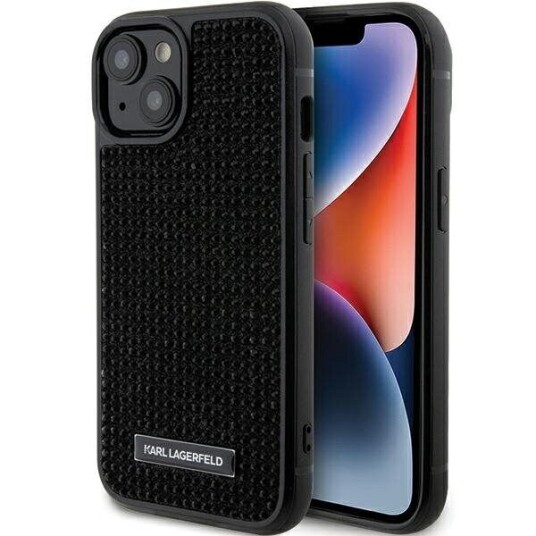 Karl Lagerfeld Iphone 15 Mobildeksel med Rhinestone-Logo Metallplate Svart