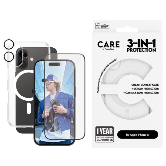 CARE by PanzerGlass 3-i-1 Beskyttelsesbundle for iPhone 16 - Gjennomsiktig CARE by PanzerGlass 3-i-1 Beskyttelsesbundle for iPhone 16 - Gjennomsiktig