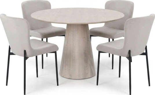 Siena spisegruppe rund 110 cm hvitlasert med 4 Elsie spisestoler Hvitlasert/beige
