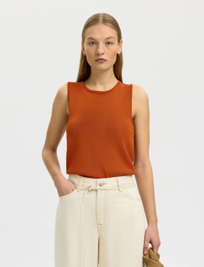 Selected Slfmoon Sus Sl Knit Top B Orange XS