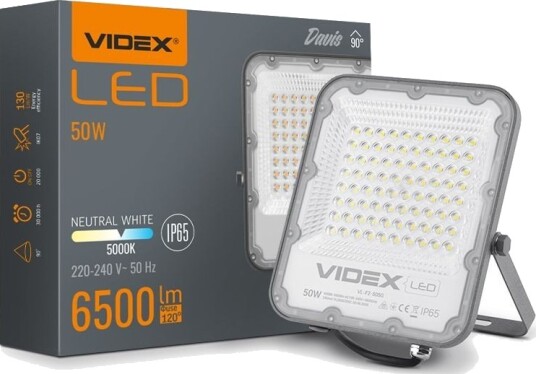 Videx 50W LED lyskaster   130lm/W IP65 5000K 90 grader utendørs   Kulør : Nøytral