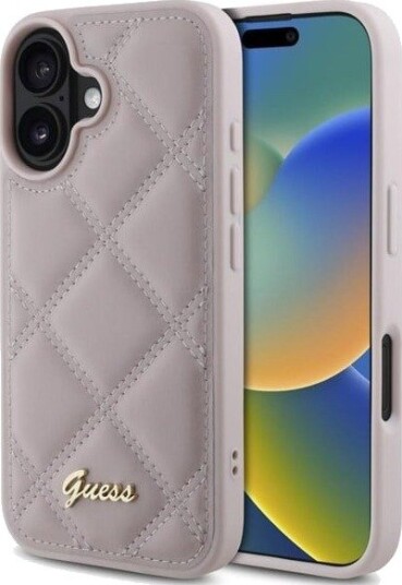 GUESS Quilted Metal Logo Rosa Mobildeksel for iPhone 16