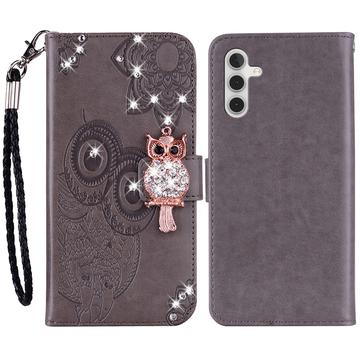 Samsung Galaxy A55 Ugle Rhinestone Lommebok-deksel grå