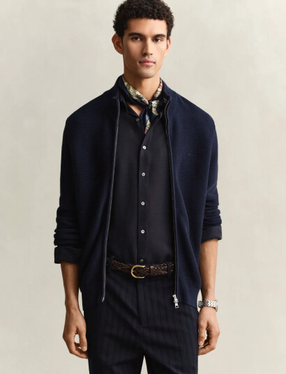 GANT Cotton Texture Zipped Cardigan Navy XXL