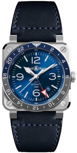 Bell & Ross Herreklokke BR0393 BLU ST/SCA BR 03 93 GMT Blå/Lær