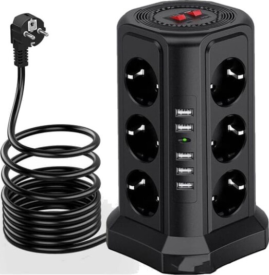 Strømpelistårn Med 5 USB-Porter Og 12 Uttak Med Overspenningsvern Strømpelistårn Med 5 USB-Porter Og 12 Uttak Med Overspenningsvern