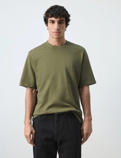 Mango Heavy Weight Relaxed Fit T Shirt   Khaki green   S