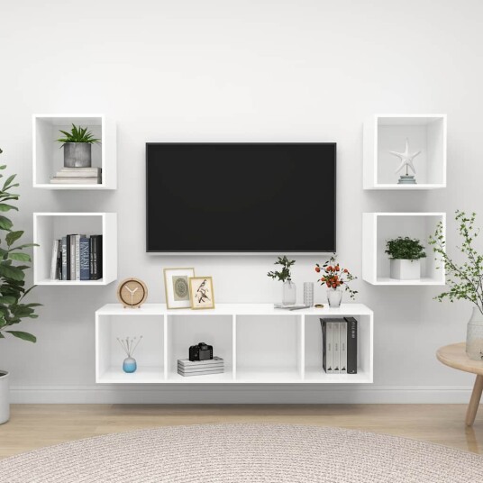 TV benksett 5 deler hvit konstruert tre