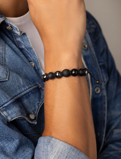 Nialaya Men"s Beaded Bracelet With Black Cz Diamond Lava Stone Mat   Black   M 17 cm