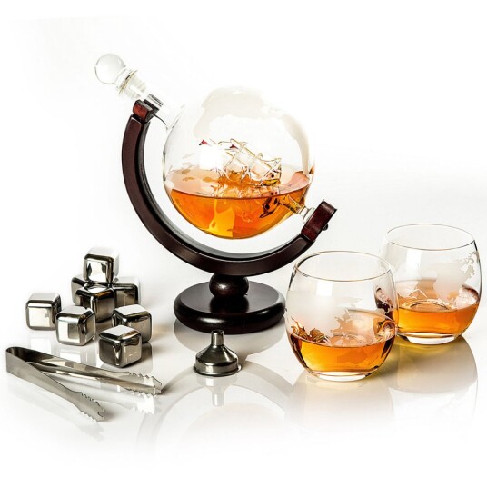 Whiskeykaraffel Globe 85 cl med 2 glass og 8 whiskysteiner