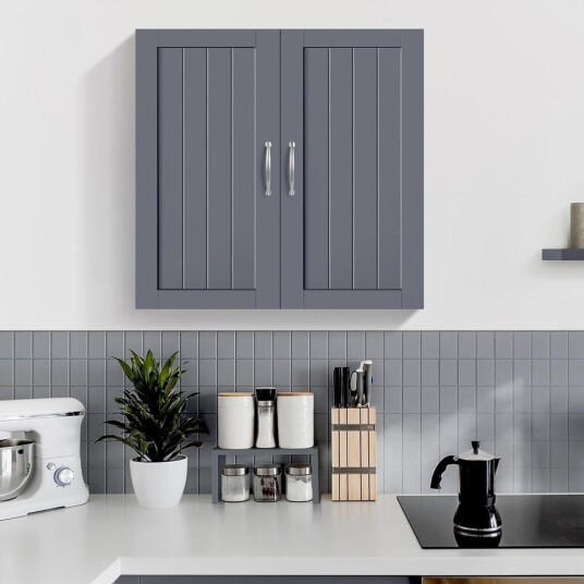 Baderomsskap med 2 dører 59,5×31×59,5 cm / veggskap med justerbar hylle – Grå