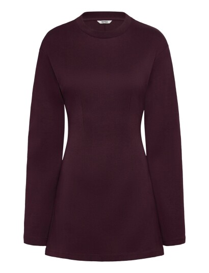 Monki Long Sleeved Cotton Mini Dress Burgundy XXS